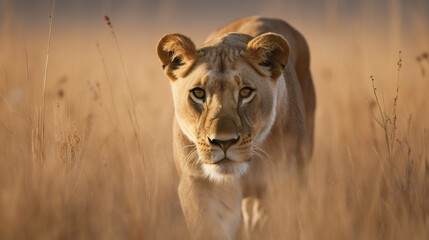 lioness in the savannah. Generative AI - obrazy, fototapety, plakaty