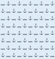 Seamless marine pattern. Black nautical anchor. Light blue vector background