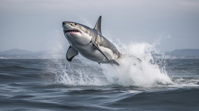 white shark jumping out of water. Generative AI