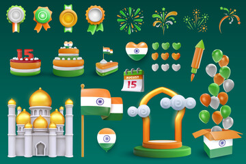 Set festive art object for Indian independence day. Flag, badge, firework, balloon, cake. National celebration design element. Bright vector 3d cartoon illustration in minimal realistic style.