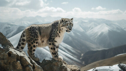 snow leopard in the mountain. Generative AI