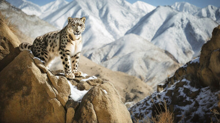 snow leopard in the mountain. Generative AI