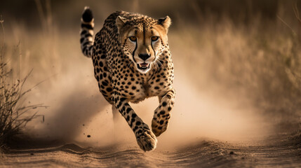 Fototapeta na wymiar cheetah in the savannah running. Generative AI