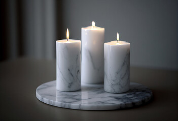 Fototapeta na wymiar Several wax candles on a marble stand. AI Generated