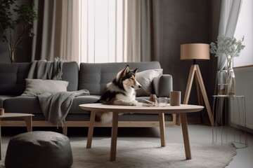 Chic scandinavian living room with wood furniture, gray sofa, decor, and charming pup. Generative AI