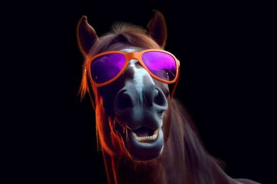 mammal sunglasses portrait goggles fun background funny horse animal smile colourful. Generative AI.