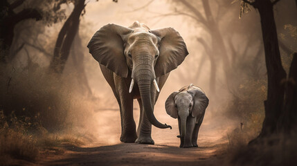 Fototapeta na wymiar mother and baby elephant. Generative AI