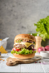 burger with meat on a light background
