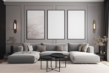 Living room interior with set of three vertical frames poster mockup, wall and sofa, render 3D, created with Generative AI
