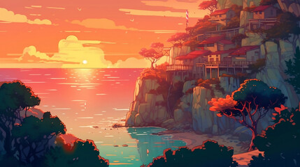 An animation of a cliff and a sunset. Japanese style. Generative AI. #3