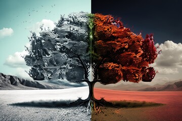 Conceptual image of two seasons - autumn, winter and summer
