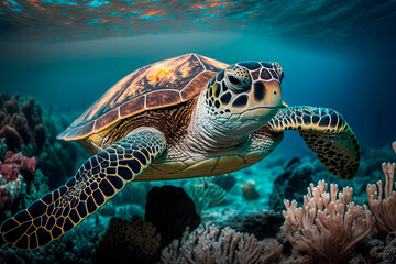 Fototapeta premium Big sea turtle gracefully swimming among vibrant coral reefs. Generative AI