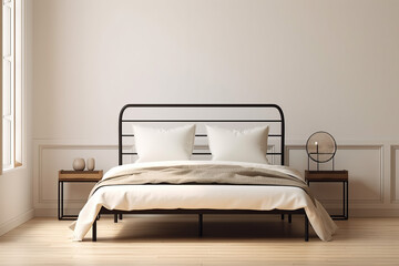 Minimalist king size bed vintage style cover sheet with white pillows and white blanket. White background, created with Generative AI