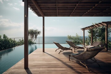 A pool terrace with a tropical vibe, featuring wooden flooring, poles and battens, rattan chairs, and stunning sea views. Generative AI