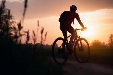 Naklejka na ściany i meble Cyclist in sunset. Illustration AI Generative.