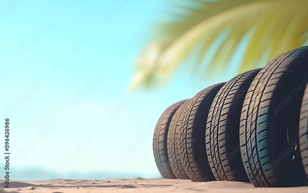 Wall mural summer car tires on summer background with copy space. Generative AI