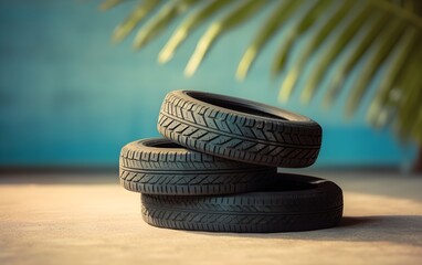 summer car tires on summer background with copy space. Generative AI