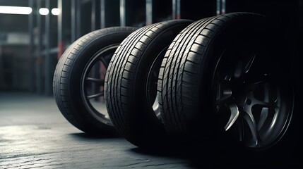 summer tires with garage background. Generative AI
