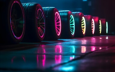 tires with neon light on road. Generative AI