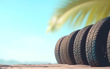 summer car tires on summer background with copy space. Generative AI