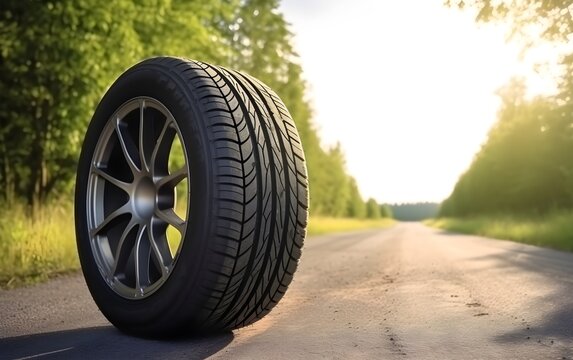 summer tire on road with copy space. Generative AI