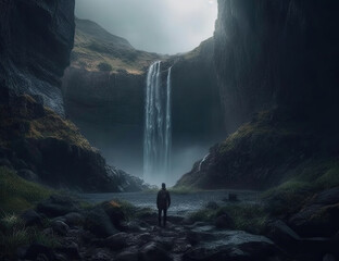 Beautiful Waterfall Seen, Person Traveling, Wanderlust, Background, Graphical Resource, Nature Scenery. Generative AI 