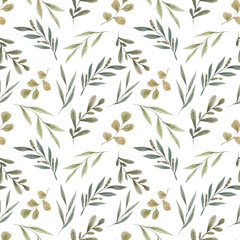 Naklejka na ściany i meble Seamless floral pattern with watercolor green branches with leaves. Hand drawn illustration. Perfect for fabric design, printing in polygraphy, textile design, notebooks, covers, etc