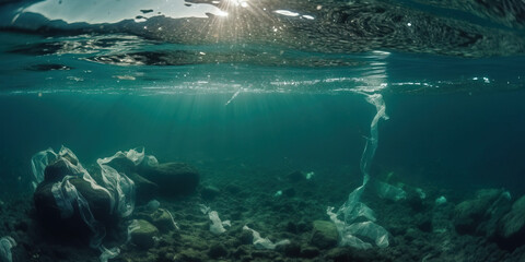 Fototapeta na wymiar Pollution of plastic water bottles, plastic bags, cans in the ocean. generative AI