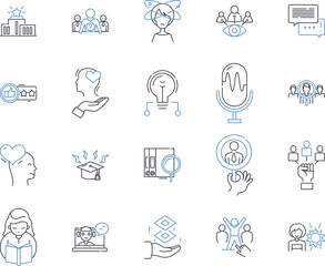 Synchronized studying line icons collection. Collaboration, Timing, Coordination, Accountability, Camaraderie, Synergy, Motivation vector and linear illustration. Generative AI