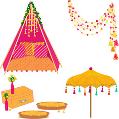 mehndi decorations illustration haldi ceremony decorations setup indian wedding colorful decoration ornaments mehndi decor