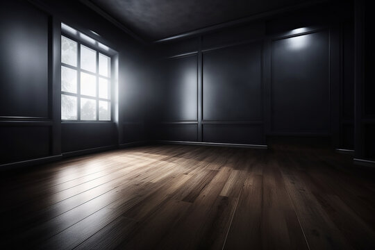 Creative interior concept. Abstract Dark room and oak wooden flooring with interesting light shadow from window. Template for product presentation. Mock up