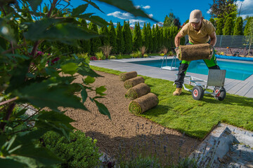 Fototapeta na wymiar Landscaping Worker Installing Fresh Lawn Made From Natural Grass