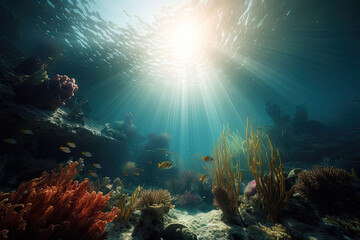 Fototapeta na wymiar Animals of the underwater world with sun rays. Coral reef and fish. Generative AI