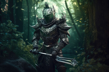 Fototapeta premium Fantasy knight with old armor in the ancient forest. Generative AI