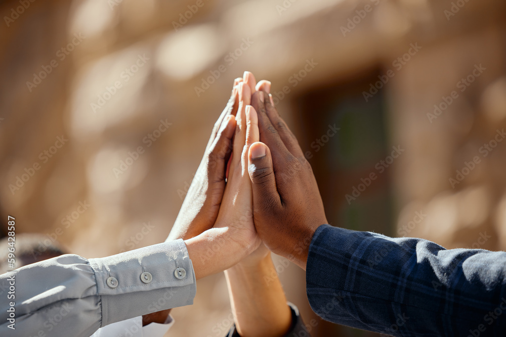 Poster together we keep each other going. shot of a group of unrecognizable businesspeople giving each othe