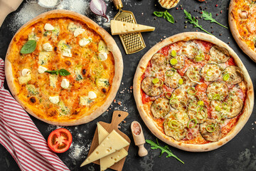 Set Pizza background. various kinds of Italian pizza, Fast food lunch, top view