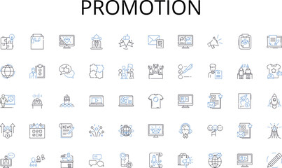 Promotion line icons collection. Premiere, Debut, Kickoff, Release, Unveiling, Launch, Open vector and linear illustration. Introduction,Ceremony,Presentation outline signs set Generative AI - obrazy, fototapety, plakaty