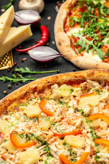Set Pizza background. various kinds of Italian pizza on a dark background, Fast food lunch, vertical image. top view. place for text