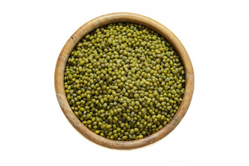 mung beans in a wooden bowl on a white background