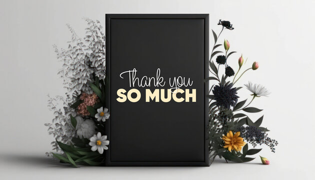 Blackboard with Thank you message and flowers around, white background concept generative ai