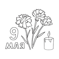 Russian cyrillic translate: 9 may. Never forgotten. 	
Victory Day Russian holiday 9 may phrase. Hand lettering quote with carnations flowers and candle. Greeting card, banner, flyer, tshirt vector