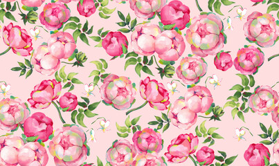 Picturesque bright seamless floral pattern pink roses painted in oil with large strokes for wallpapers, textiles, cards, posters, prints on a light pink background.