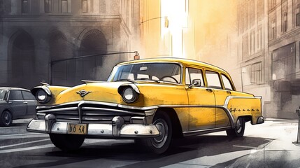yellow taxi car on the street in the downtown illustration - obrazy, fototapety, plakaty