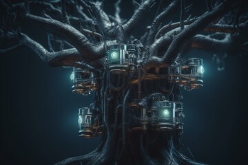 Sci-fi depiction of machine tree, life-giver of future. Generative AI