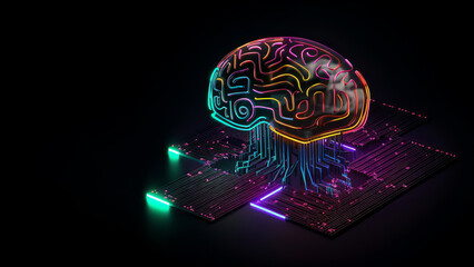 AI icon brain and hard drive in colorful neon light, generative AI