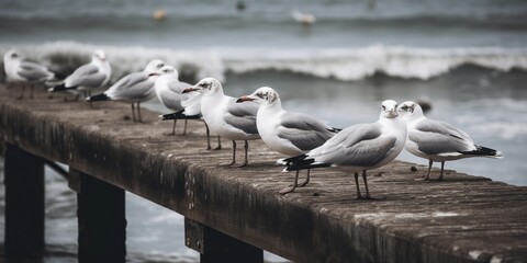 Obraz premium A flock of seagulls perched on a pier, concept of Avian behavior, created with Generative AI technology