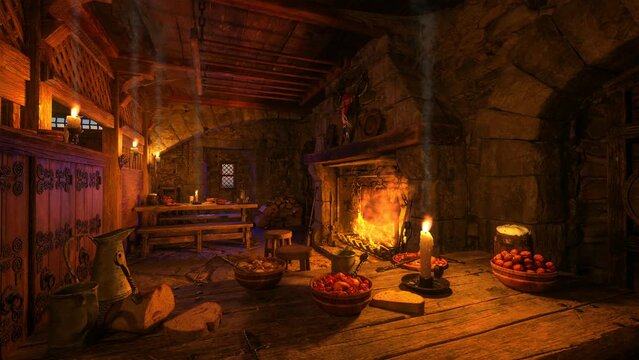 3D animation of a cozy medieval tavern interior with fire burning in the fireplace behind a table laid for dinner. Candles flicker around the room.