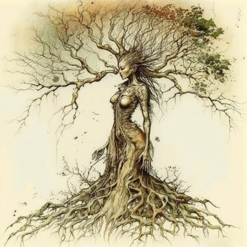 Sepia Female Dryad, Tranquil Expression, Generative AI