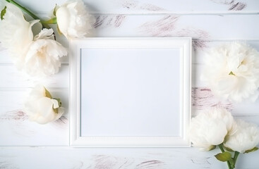 Obraz na płótnie Canvas White peonies with empty white frame. Generative ai