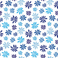 Small blue flowers isolated on white background. Cute floral seamless pattern. Vector simple flat graphic hand drawn illustration. Texture.